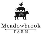 Meadowbrook Farm's logo shows a rooster standing on top of a pig standing on top of a cow.